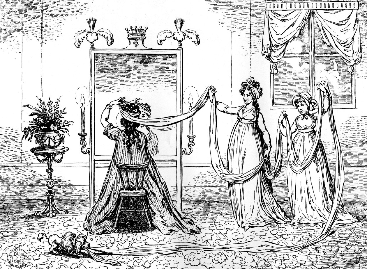 Eine Dame setzt sich ihre Haube auf, Juni 1795 von Unbekannt