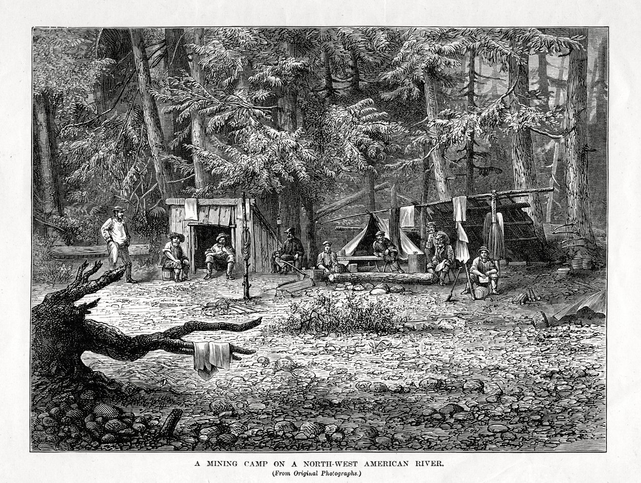 Ein Bergbau-Camp an einem nordwestamerikanischen Fluss, 1877 von Unbekannt