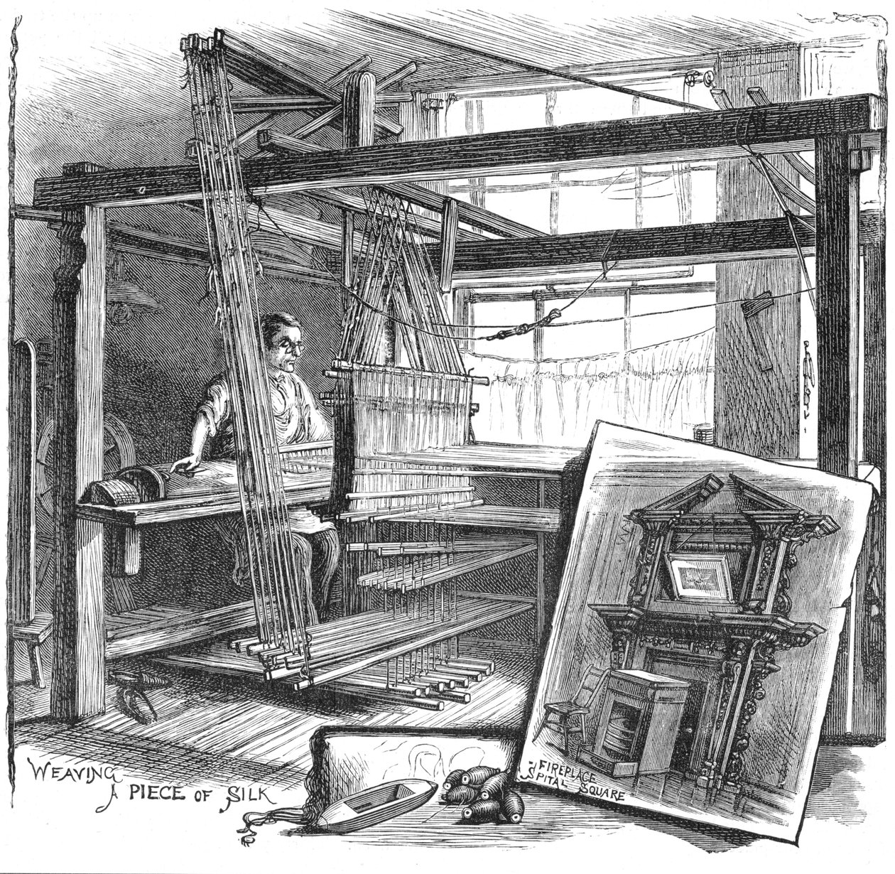 Ein Seidenweber aus Spitalfields an seinem Handwebstuhl, 1884 von Unbekannt