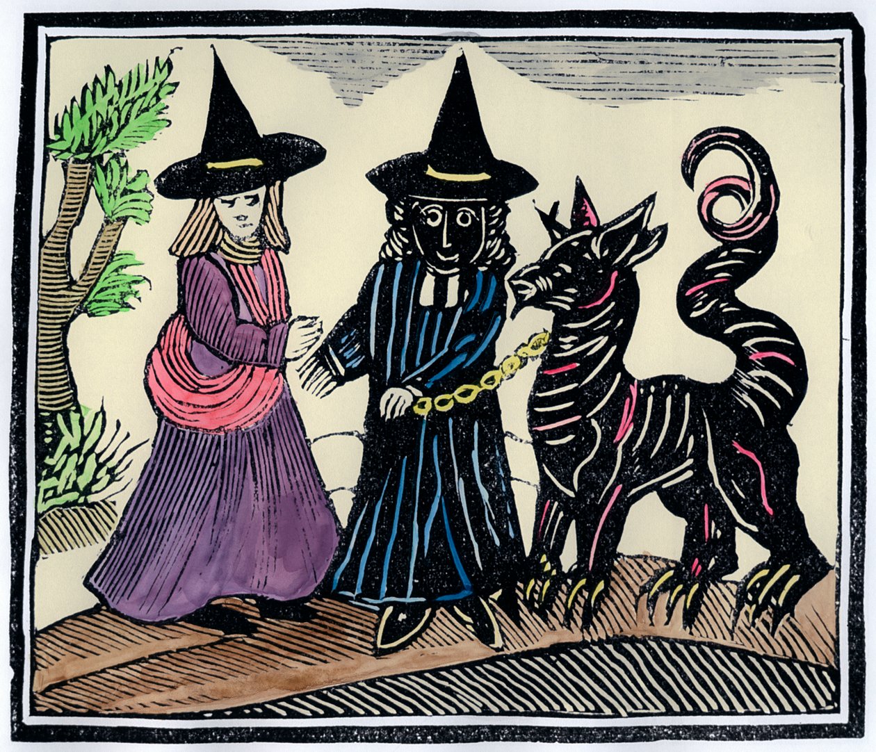 Eine schwarze und eine weiße Hexe mit einem Teufelstier von Unbekannt