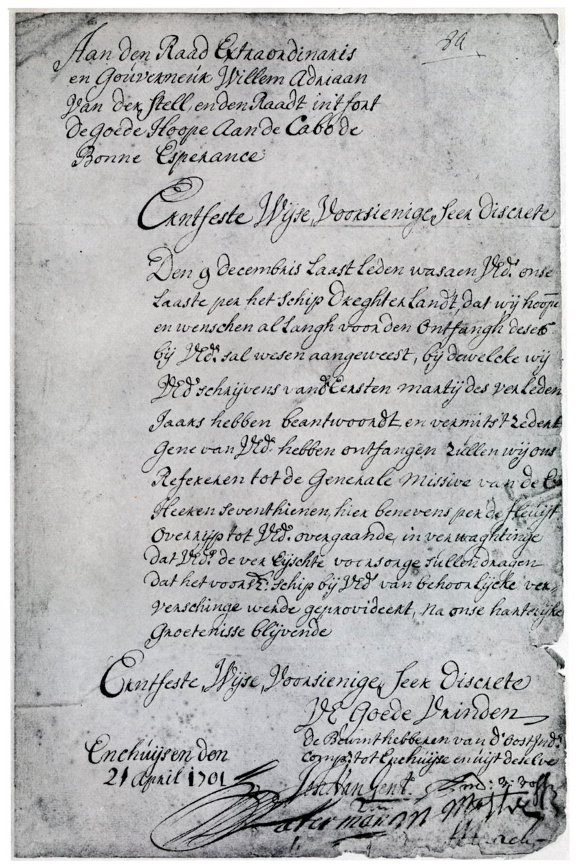 Ein Brief der Niederländischen Ostindien-Kompanie an Willem Adriaan van der Stel, 18. Jahrhundert, 1931 von Unbekannt