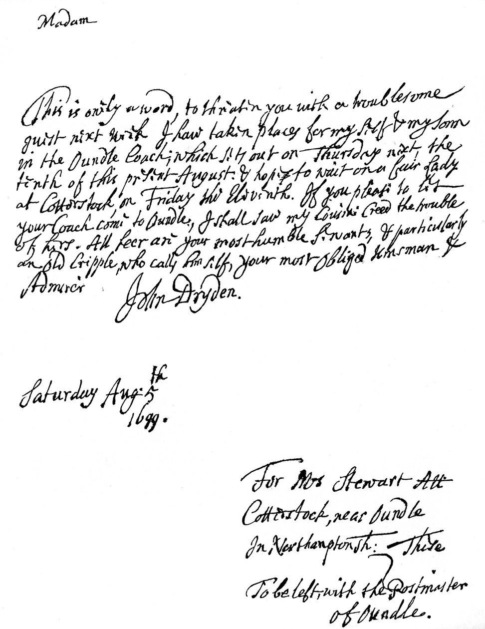 Ein Brief von John Dryden 1631-1700, englischer Dichter, 1699, 1840 von Unbekannt