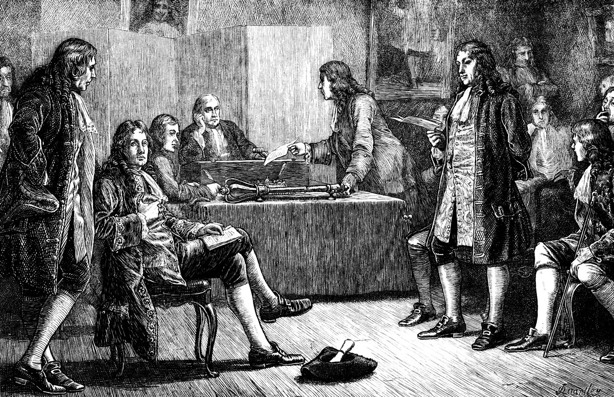 Ein Treffen der Royal Society in Crane Court, Fleet Street, London, 18. Jahrhundert, ca. 1880 von Unbekannt