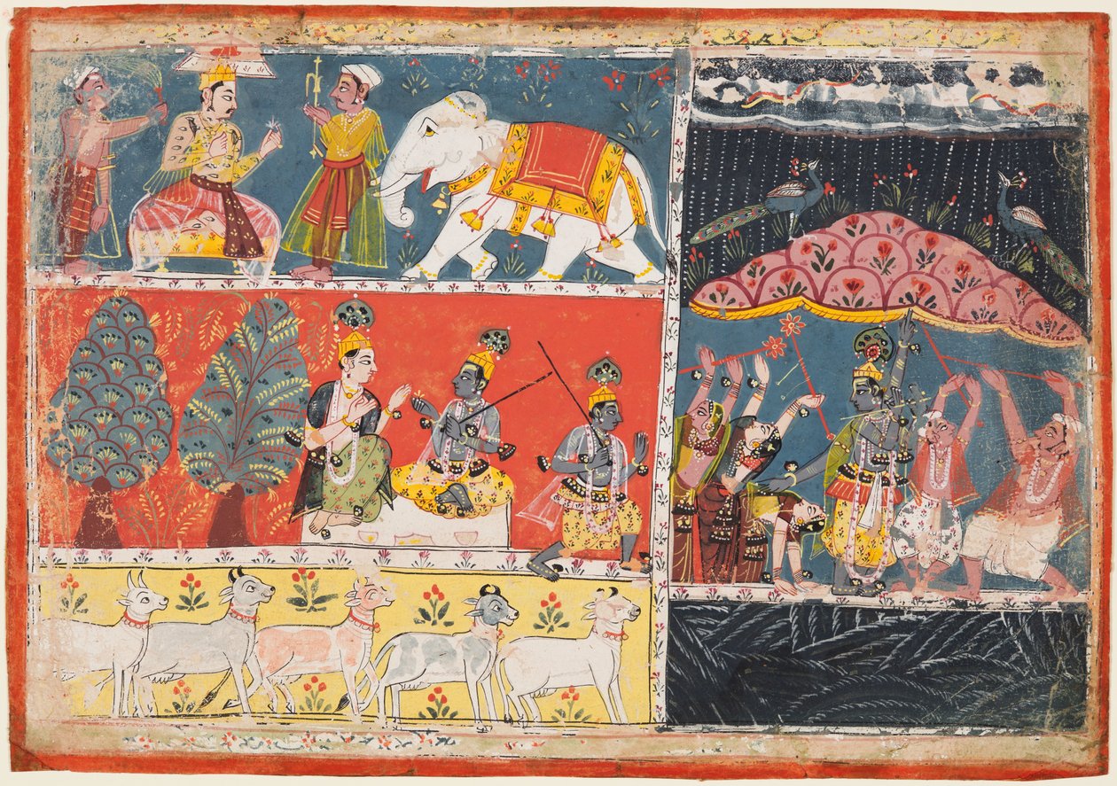 Eine Seite aus dem Bhagavata Purana: Indra schickt einen Regenschauer, Krishna hebt den Berg Govardhana, 1686 von Unbekannt