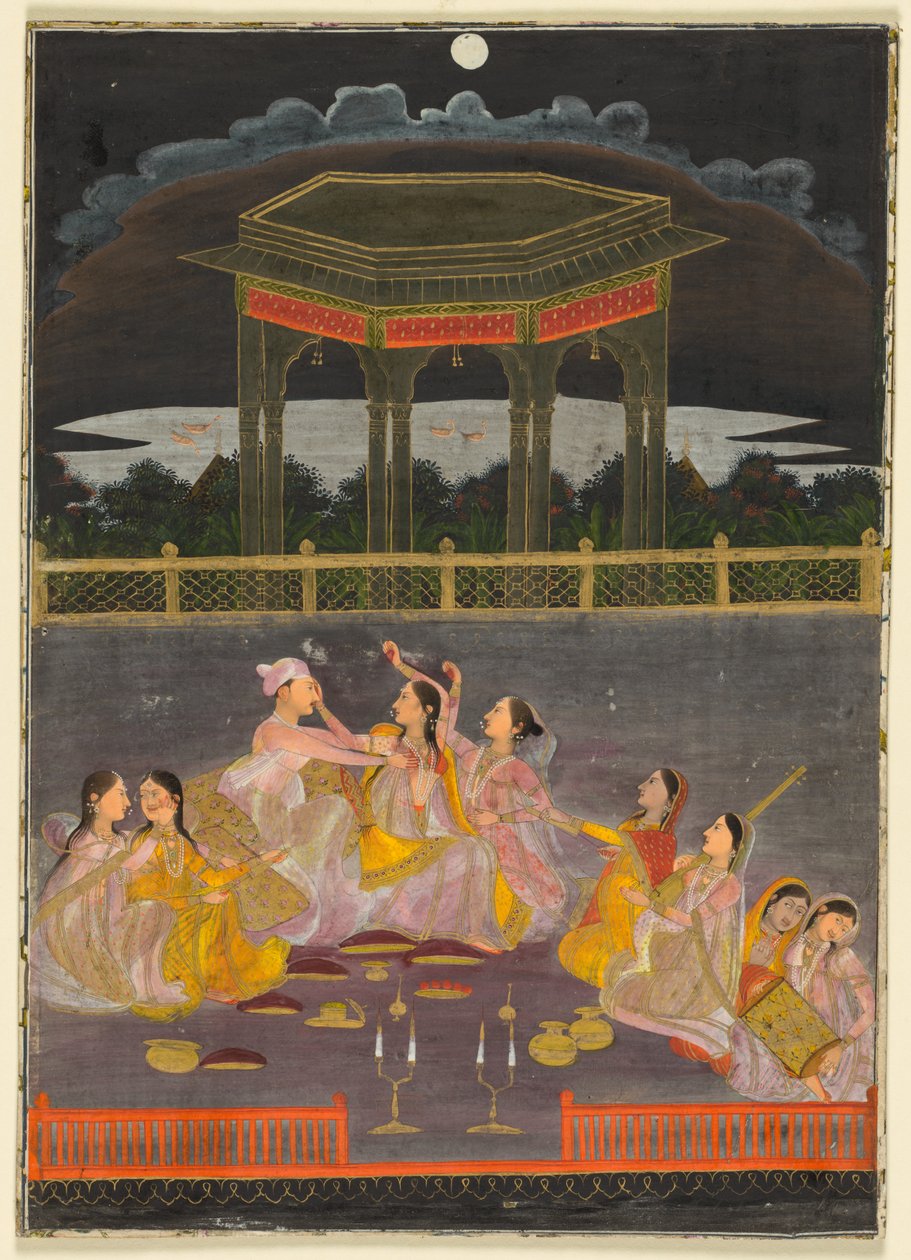 Ein Prinz feiert Holi mit Palastfrauen auf einer Terrasse bei Nacht, um 1760 von Unbekannt