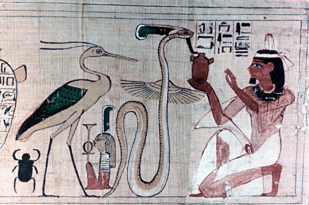 Altägyptischer Papyrus des Todes, der vor einer Schlange kniet von Unbekannt