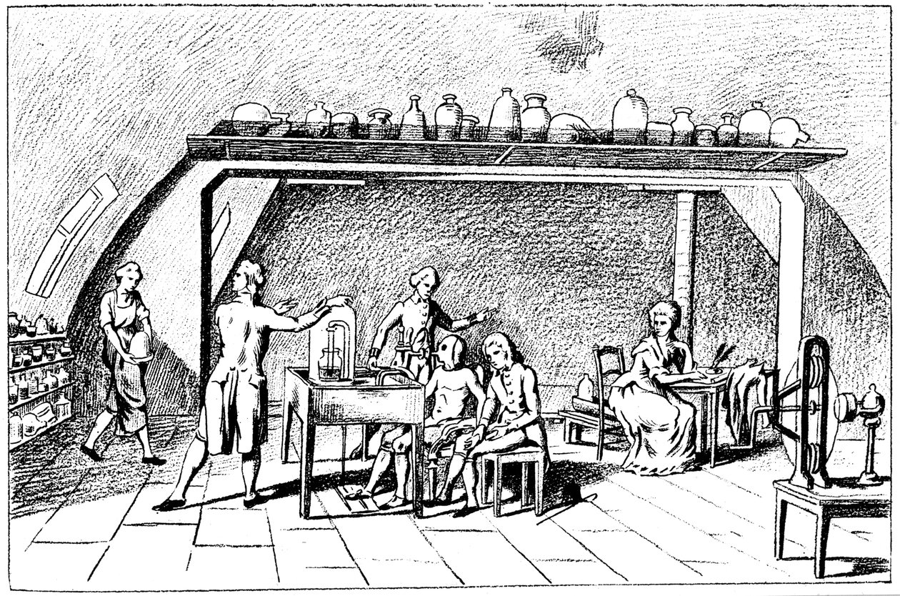 Antoine Laurent Lavoisier, französischer Chemiker des 18. Jahrhunderts, untersucht die Atmung von Unbekannt