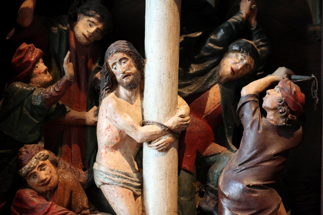 Arbois, Jura, Frankreich, 31.08.2015 - Saint-Hippolyte Kirche. Das Retabel aus dem 15. Jahrhundert. Geißelung Christi. von Unbekannt