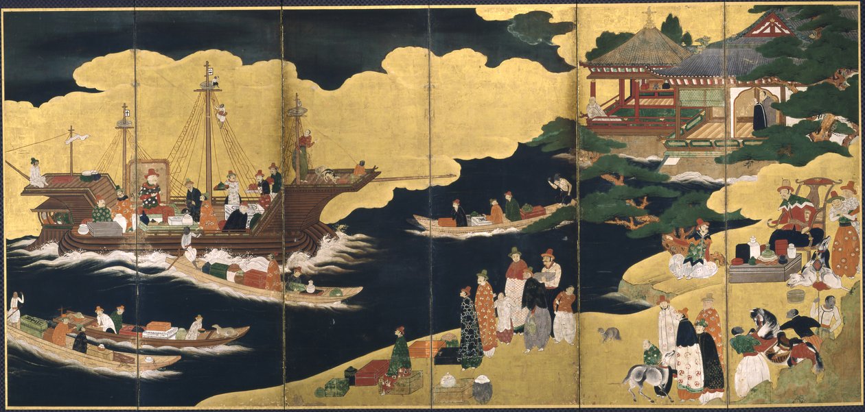 Ankunft eines portugiesischen Schiffes. Nanban-Bildschirm, ca. 1600 von Unbekannt