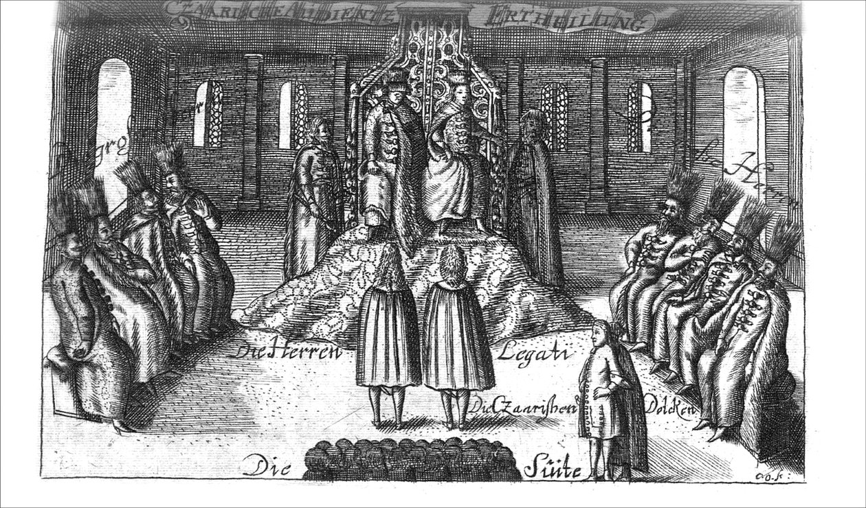Audienz bei Iwan V., Peter I. und Sophia Aleksejewna aus Georg Adam Schleissing Derer beyden Czaaren in Reussland..., 1693 von Unbekannt