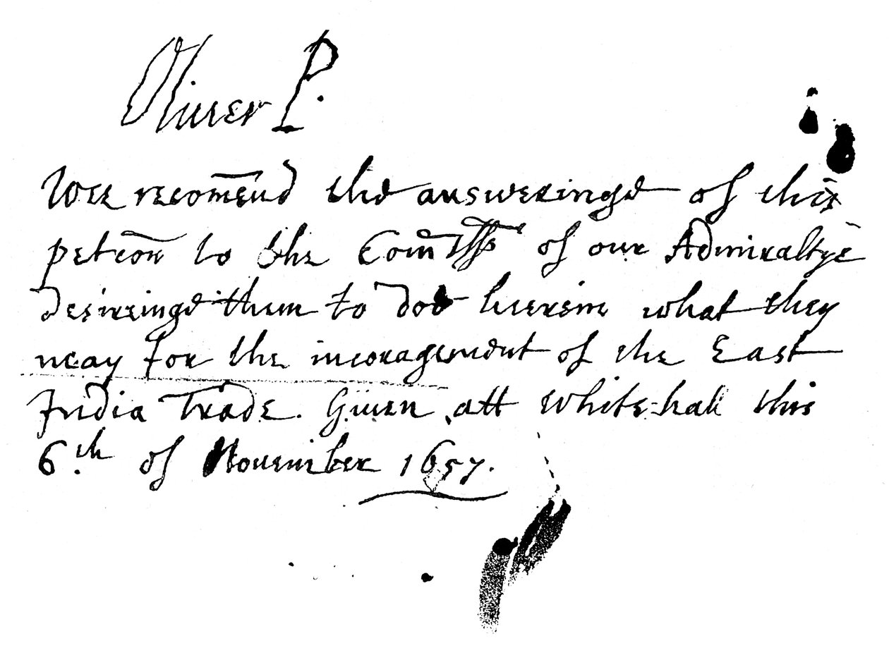 Autographische Notiz von Oliver Cromwell zu einer Petition der East India Company, November 1657, 1893 von Unbekannt