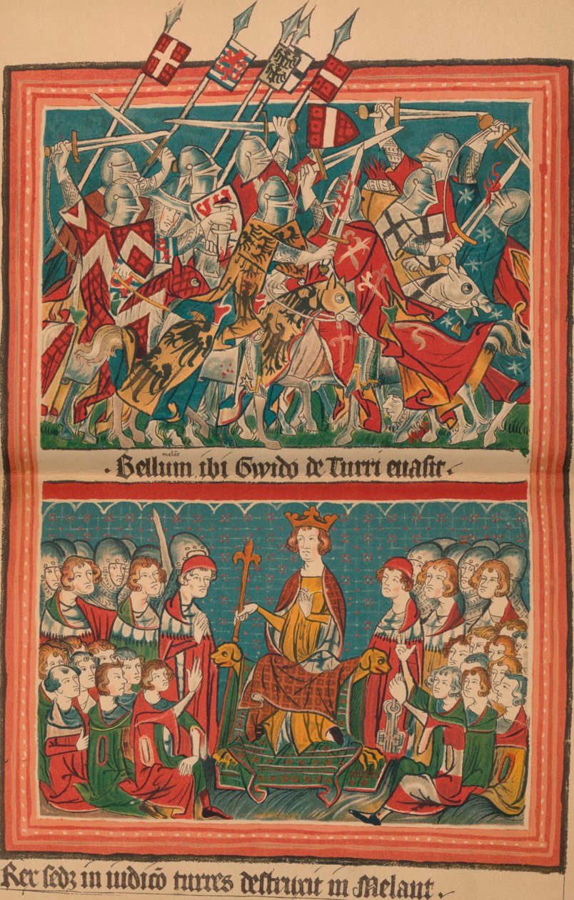 Schlacht und Gerichtshof während Heinrich VIIs Marsch auf Rom: Eine Seite aus dem Codex Balduineus von Unbekannt