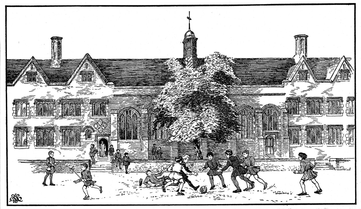 Jungen in der Tudor-Zeit spielen Fußball an der Berkhamsted Grammar School, Hertfordshire von Unbekannt