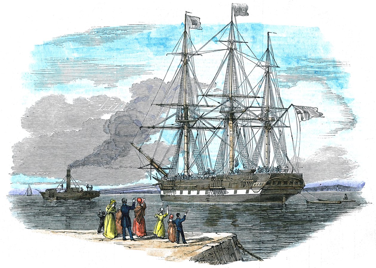 Britisches Auswandererschiff wird aus dem Hafen geschleppt, bevor es nach Sydney, Australien, segelt von Unbekannt