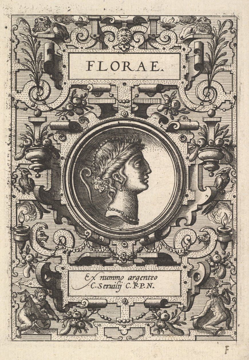 Büste von Florae umgeben von Riemenwerk, aus der Serie Deorum dearumque, ein Satz von Bildern..., 1573 von Unbekannt