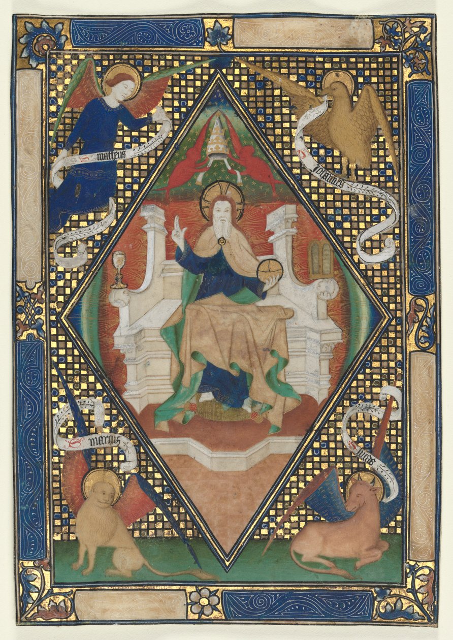 Kanonenseite aus einem Messbuch: Christus in Majestät mit Evangelisten, um 1410 von Unbekannt