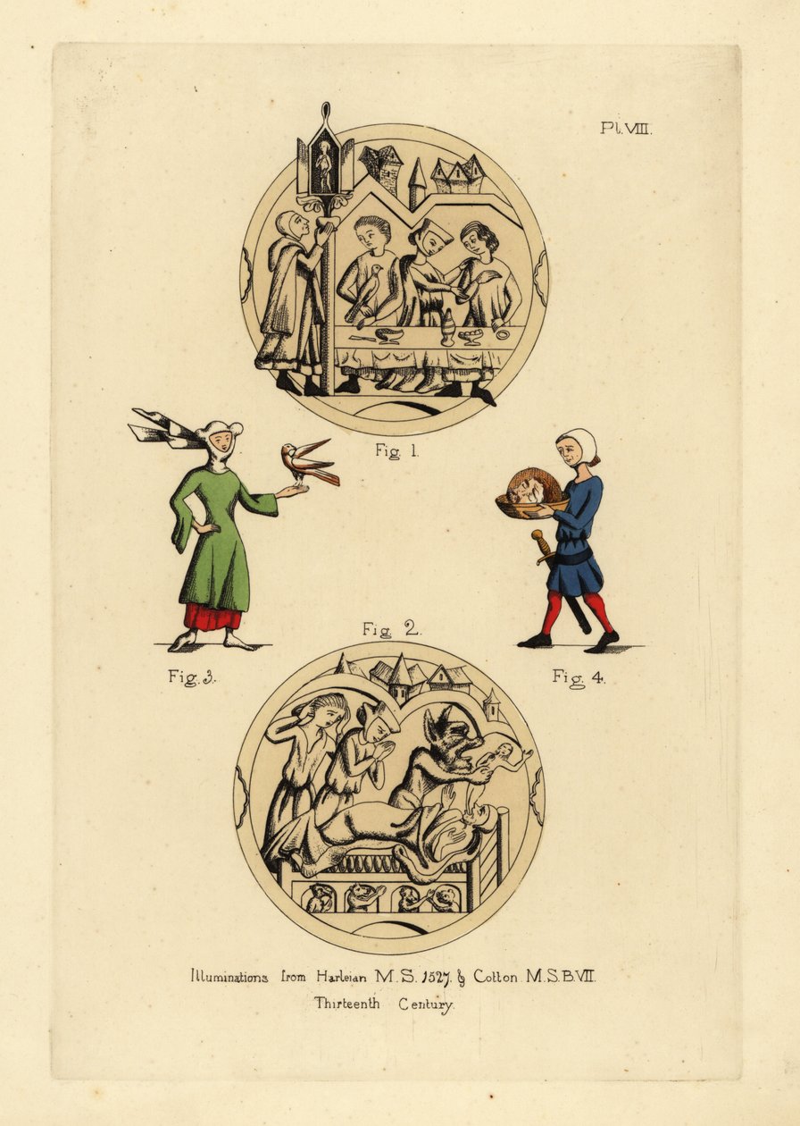 Gelage mit Männern in Cyclas, ermahnt von einem Mann in einer juristischen Haube und Kapuze, Sterbeszene mit dem Teufel, der die Seele eines Mannes nimmt, Frau in Haube und Hörnerhut mit Cointose-Schal und Vogel, Henker von Johannes dem Täufer mit seinem K von Unbekannt