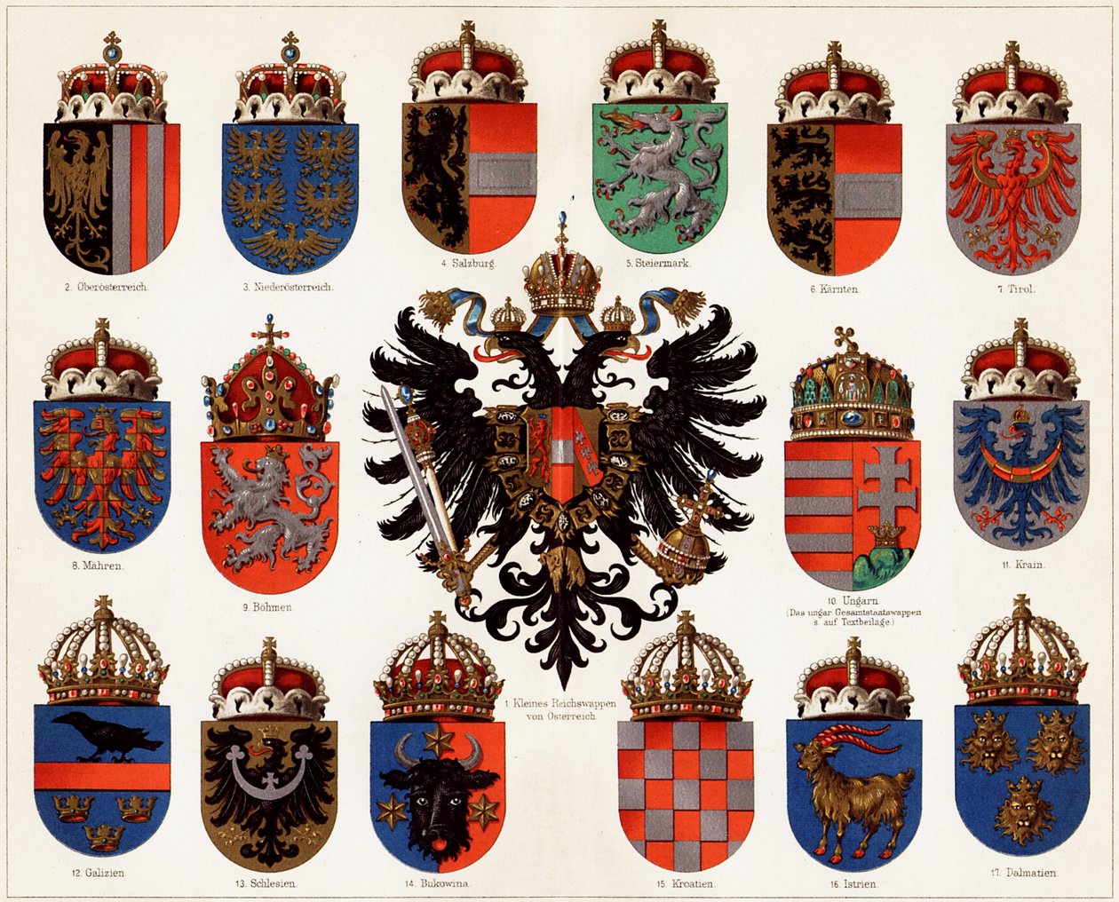 Wappen der Grafschaften Österreich-Ungarns und kleines österreichisches Nationalwappen, ca. 1907 von Unbekannt