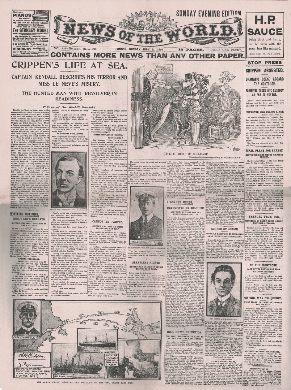 Crippens Leben auf See, Titelseite der News of the World, 31. Juli 1910 von Unbekannt