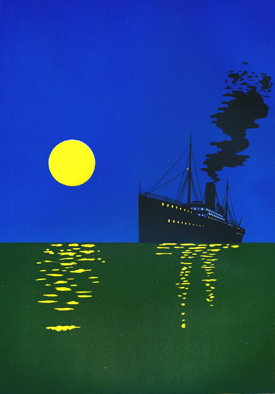 Kreuzfahrtschiff auf See mit Sonne, 1909 von Unbekannt
