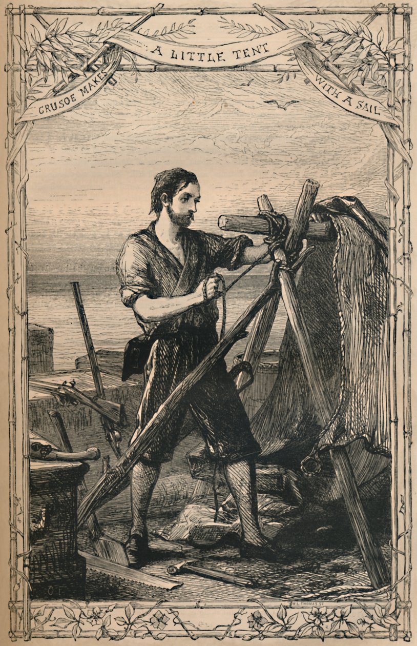 Crusoe baut ein kleines Zelt mit einem Segel, ca. 1870 von Unbekannt