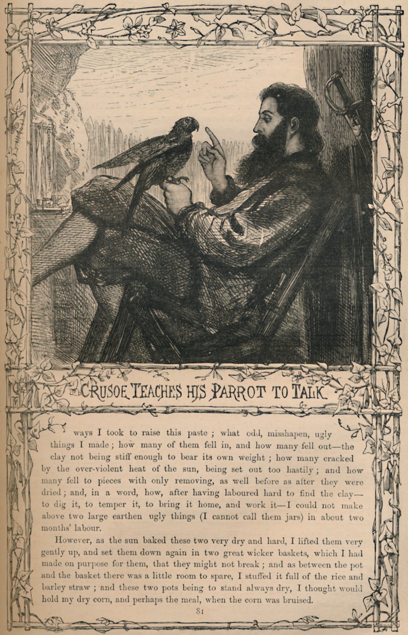 Crusoe bringt seinem Papagei das Sprechen bei, ca. 1870 von Unbekannt