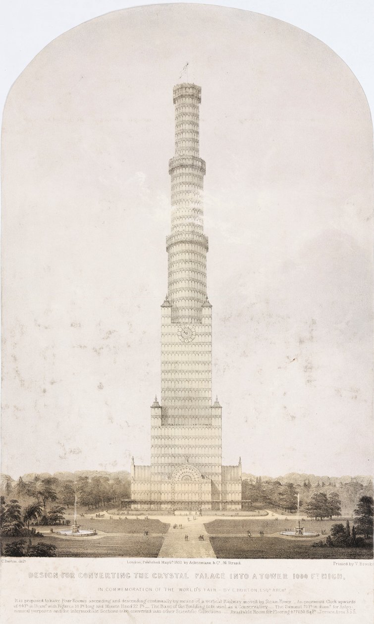 Kristallpalast, nach der Großen Ausstellung Entwurf zur Umwandlung des Kristallpalastes in einen 1000 Fuß hohen Turm von Unbekannt