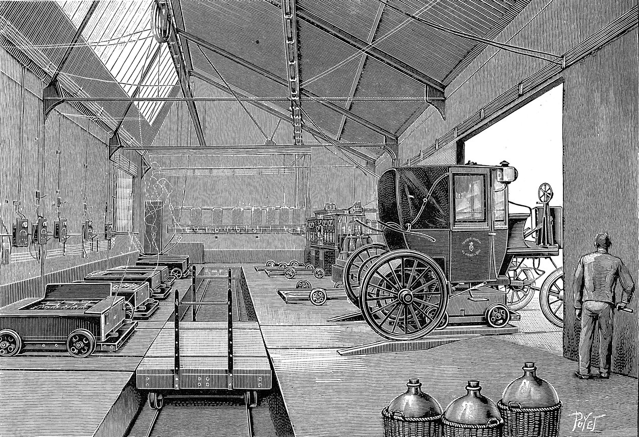 Depot, in dem elektrisch betriebene Pariser Taxis mit frisch geladenen Batterien ausgestattet wurden, 1899 von Unbekannt