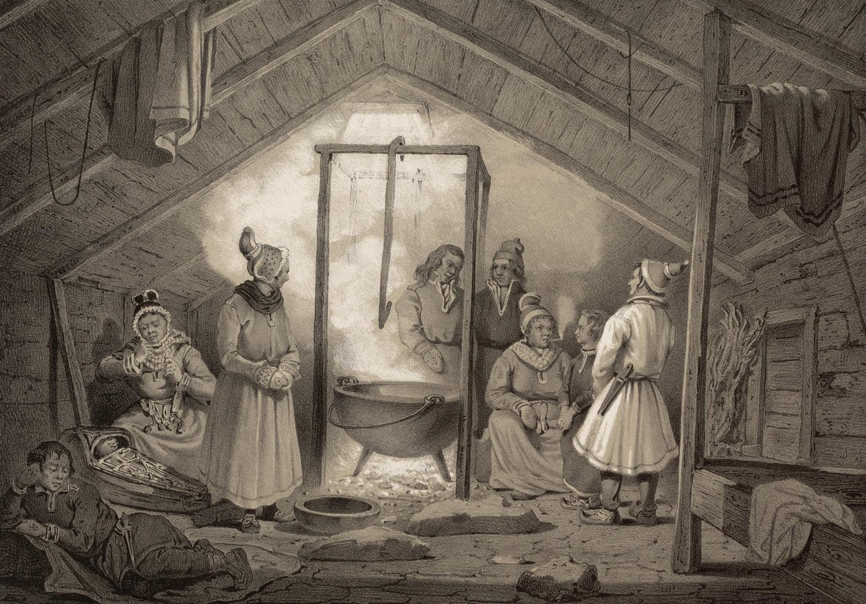 Das Innere einer Bauernhütte in Finmarken. Illustration aus dem Buch Norge fremstillet i Tegninger von P.Chr. Asbjørnsen, veröffentlicht von Chr. Tønsberg (Norwegen, 1848) von Unbekannt