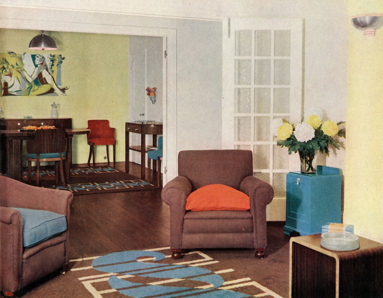 Esszimmer und Lounge in einer rekonstruierten Londoner Wohnung für Mrs. Harry Ewbank im Bryanston Court von Unbekannt