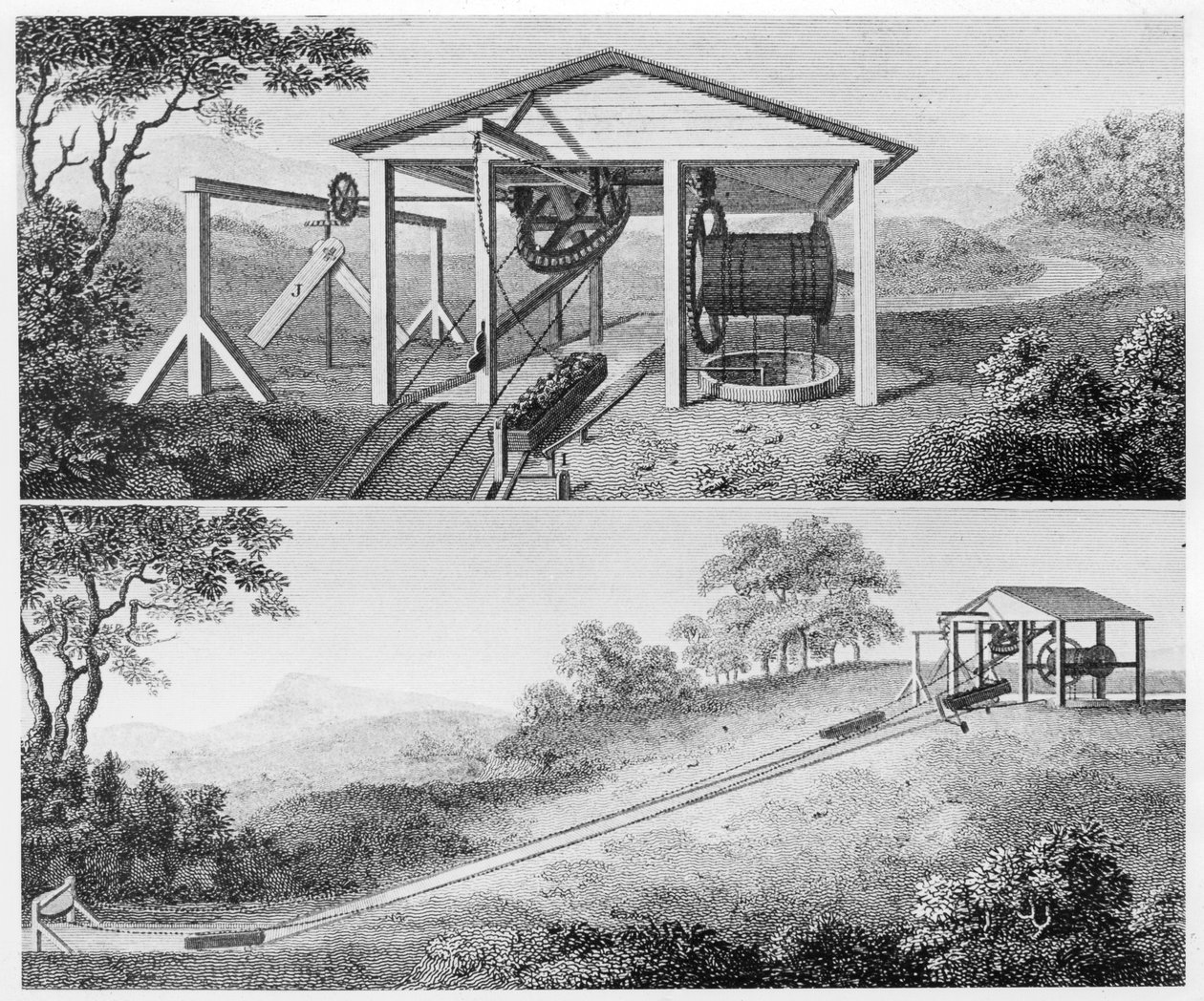 Doppelt geneigte Ebene zum Bewegen von Wannenbooten von einem Niveau zum anderen auf einem Kanal, 1796 von Unbekannt