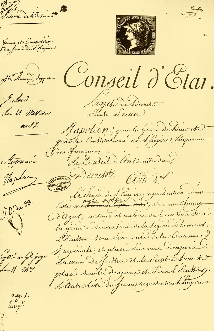 Entwurf eines Dekrets über die Form und Zusammensetzung des kaiserlichen Siegels, 10. Juli 1804, 1921 von Unbekannt