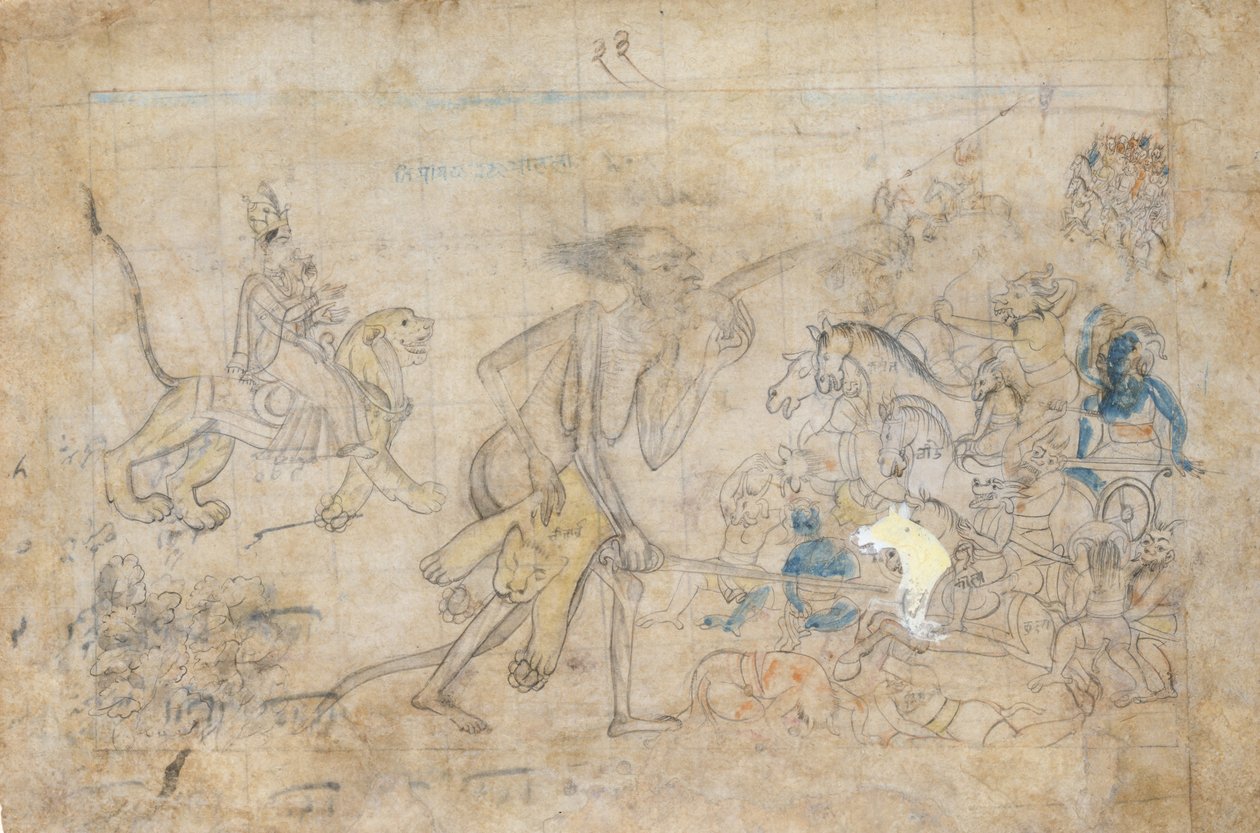 Durga und Kali nähern sich den versammelten Armeen von Chanda und Munda..., ca. 1780 von Unbekannt