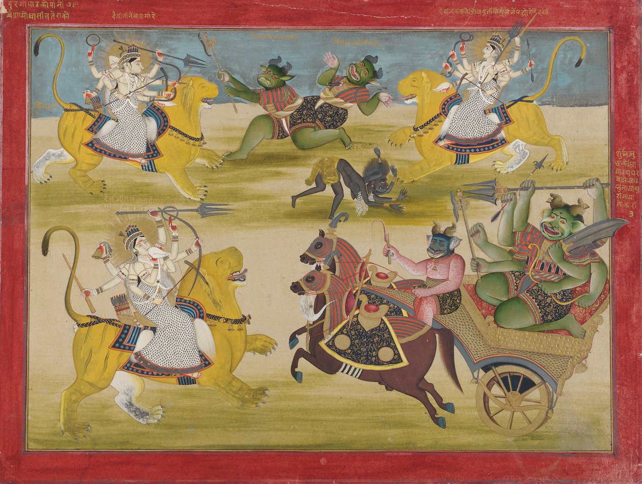 Durga kämpft gegen die Rakshashas Shunga und Nishunga, aus einem Devi Mahatmya, Mitte des 19. Jahrhunderts von Unbekannt