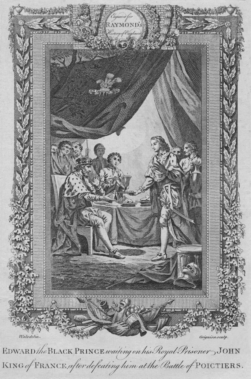 Edward der Schwarze Prinz bedient seinen königlichen Gefangenen Johann, König von Frankreich, um 1787 von Unbekannt