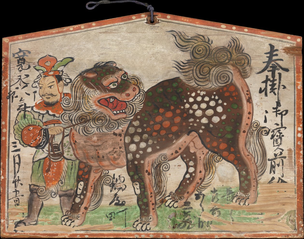 Ema-Votivbild eines chinesischen Löwen geführt von Uteno, datiert 1627 von Unbekannt