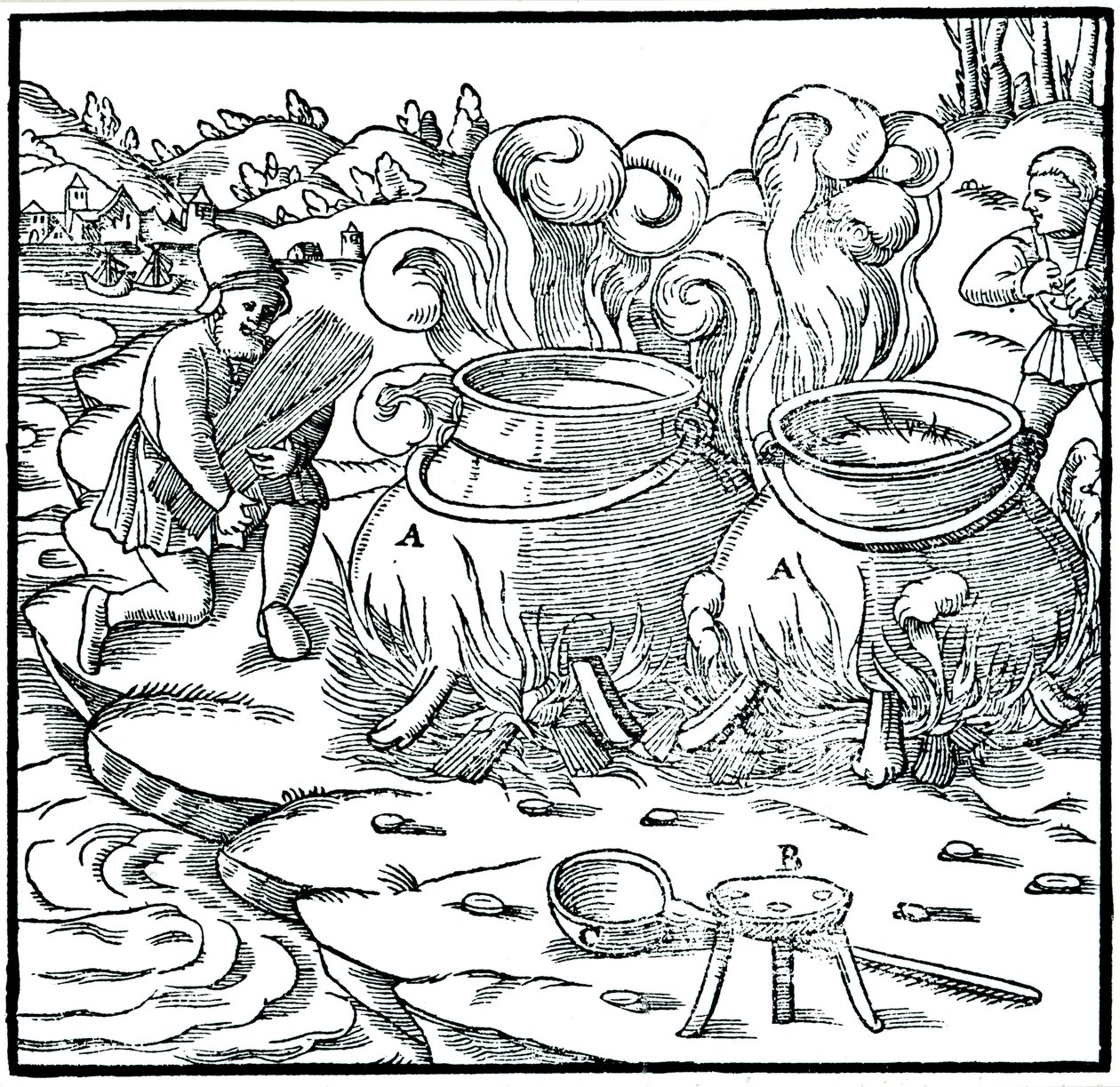 Verdunstung von Meerwasser in Eisenkesseln zur Salzgewinnung, 1556 von Unbekannt