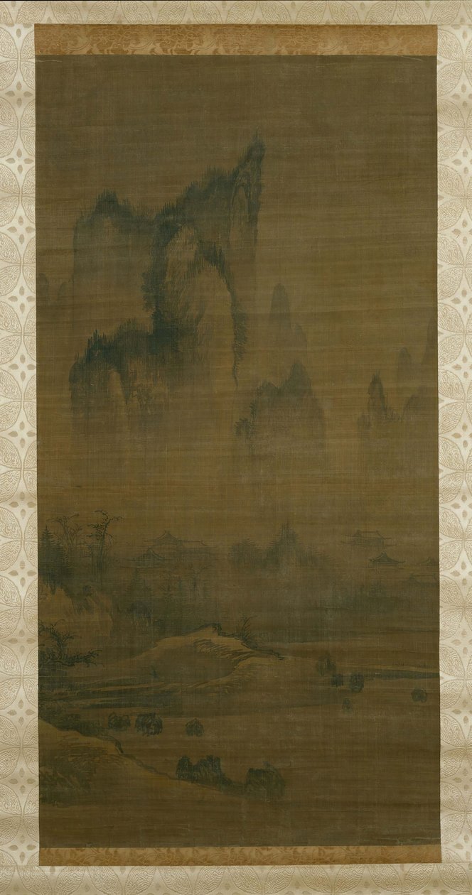 Abendglocke vom nebelverhangenen Tempel, Herbstmond über dem Dongting-See rechts, ca. 1450-1500 von Unbekannt