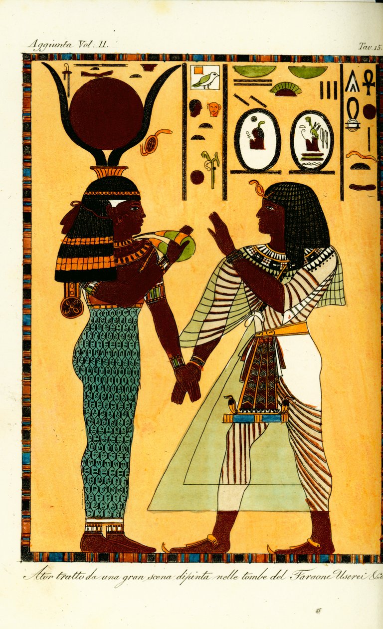 Figur der ägyptischen Göttin Hathor mit König Sethos I aus seinem Grab in Theben, entdeckt von Giovanni Battista Belzoni von Unbekannt