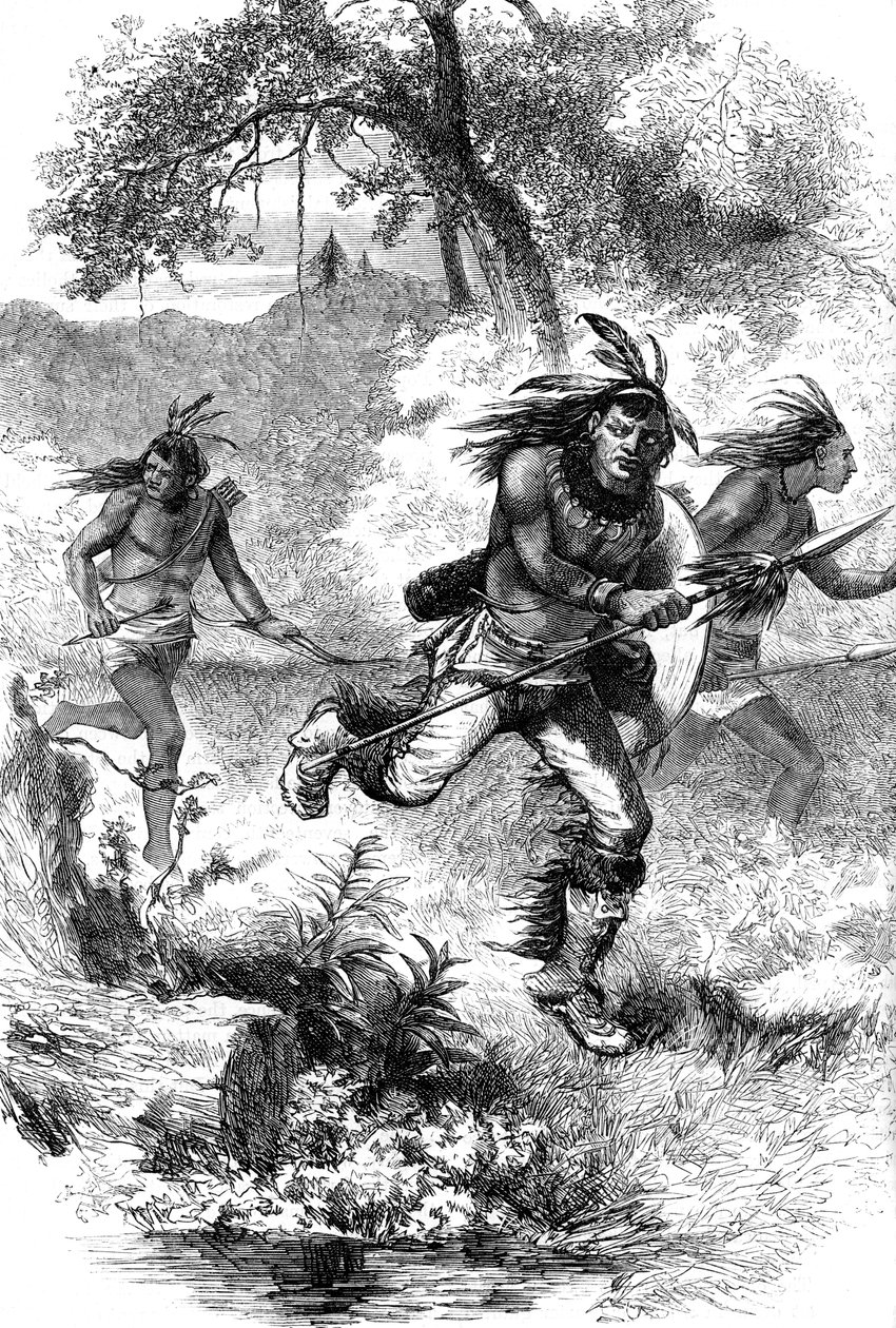 Flucht der Ureinwohner nach einem Massaker an Siedlern, 17. Jahrhundert, ca. 1880 von Unbekannt