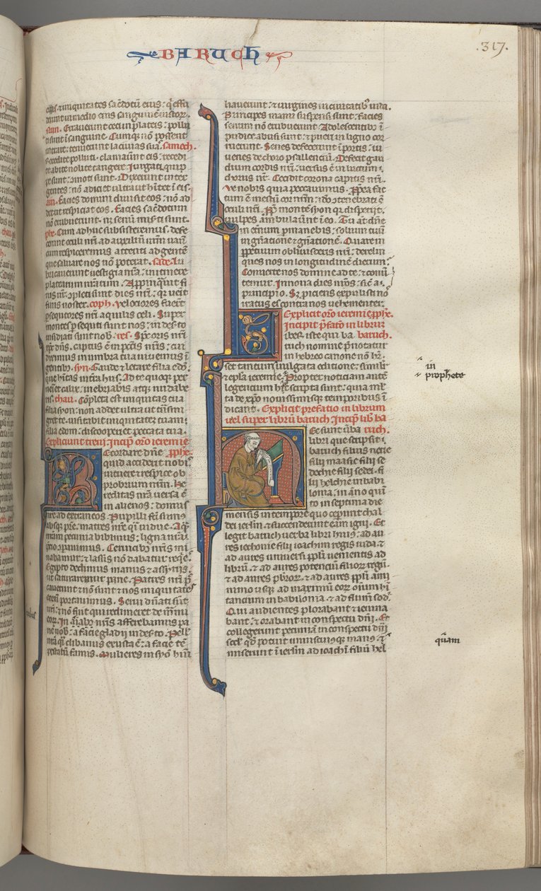 Fol. 317r, Baruch, historiierte Initiale H, Baruch sitzt an einem Schreibtisch und schreibt auf eine Schriftrolle von Unbekannt