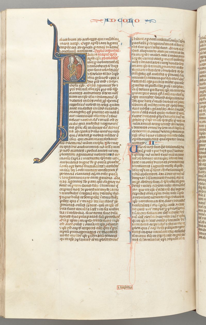 Fol. 453v, Kolosser, historiierte Initiale P, Paulus spricht zu der Büste Gottes oben, c. 127 von Unbekannt
