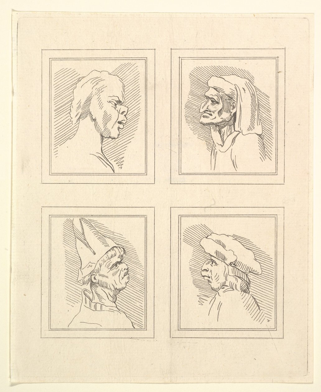 Vier Köpfe aus Karikaturen von Leonardo da Vinci, nach Zeichnungen von Wincelslaus Hollar von Unbekannt