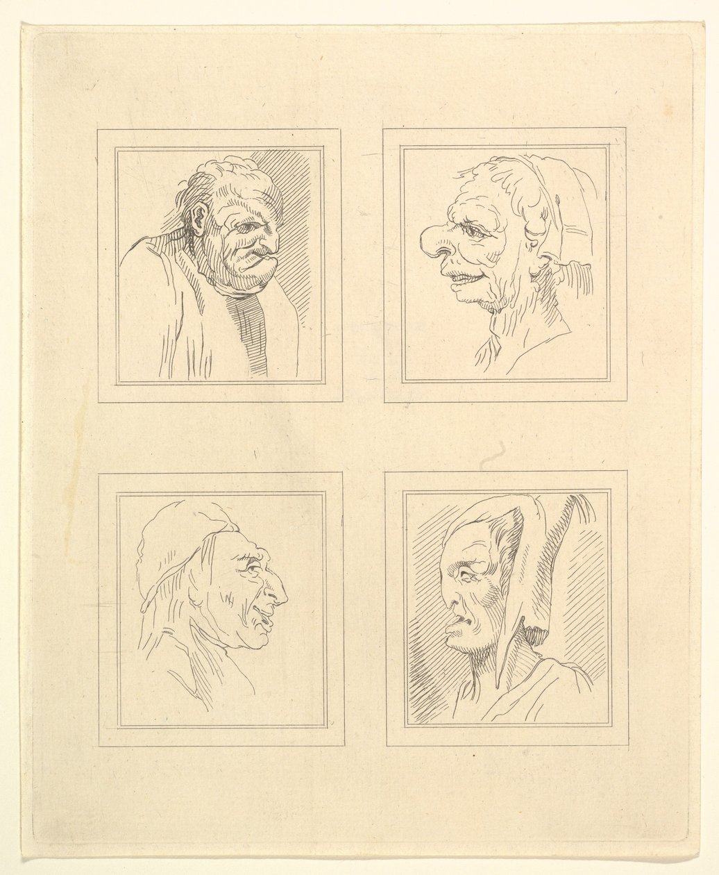Vier Köpfe aus Characaturas von Leonardo da Vinci, nach Zeichnungen von Wincelslaus Hollar (1786) von Unbekannt