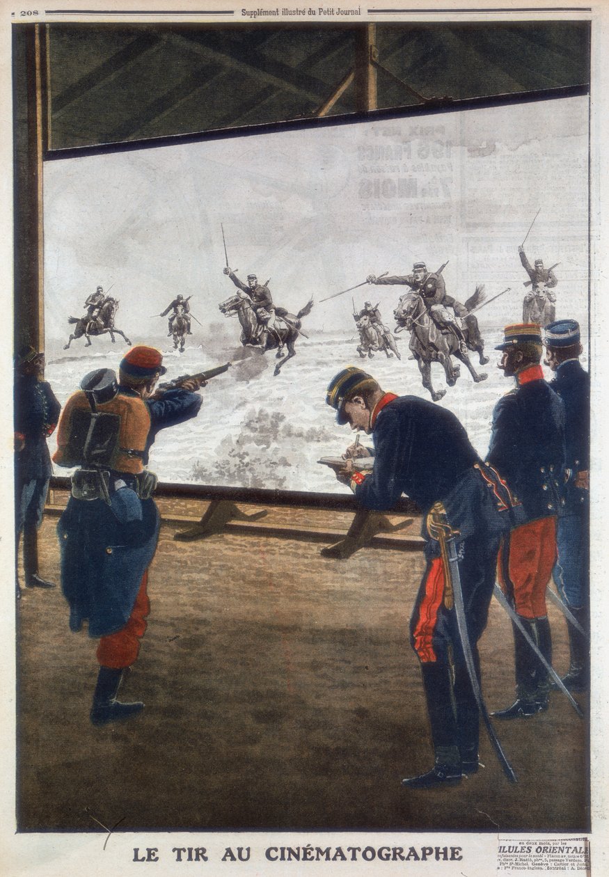 Französische Soldaten verwenden einen Film eines Kavallerieangriffs zum Schießtraining, 1912 von Unbekannt