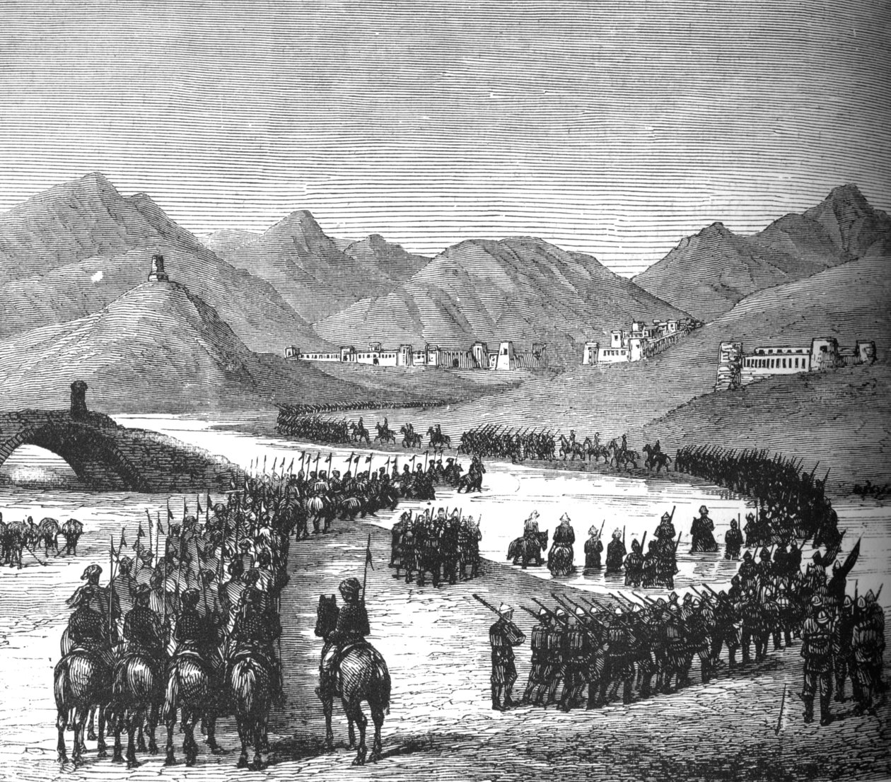 Division von General Ross überquert den Logar-Fluss auf dem Weg, um Sir Donald Stewart zu treffen, ca. 1880 von Unbekannt