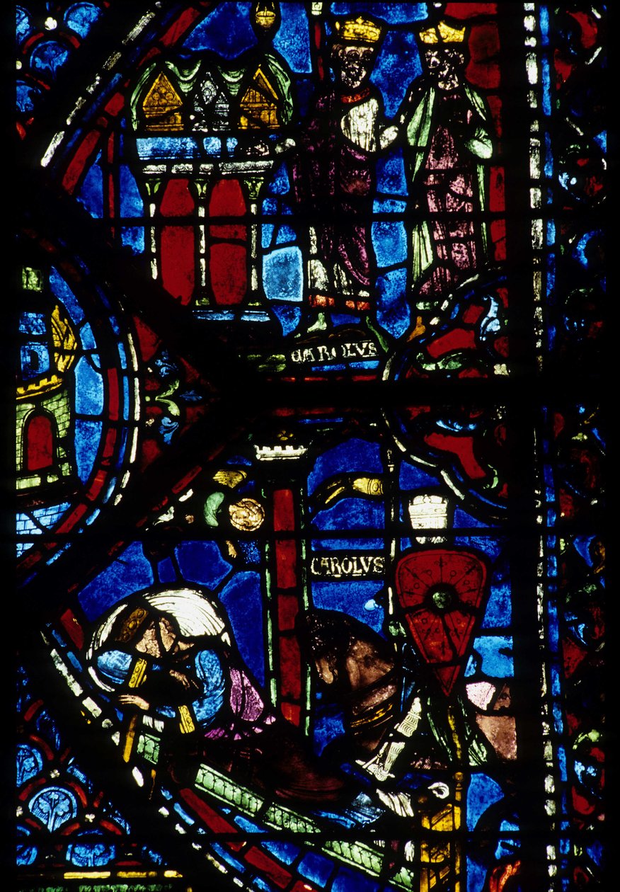 Gotische Architektur. Histoire de Charlemagne (Detail): Karl der Große empfängt 3 Jagden (oben) und Vision von Konstantin (I., Kaiser von Byzanz). Glasmalerei des nördlichen Chorumgangs, Apsis. Kathedrale von Chartres. von Unbekannt