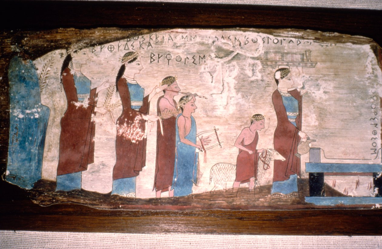 Griechische Musiker bei einem Opfer, auf Holz gemalt, um 520 v. Chr. - 500 v. Chr. von Unbekannt