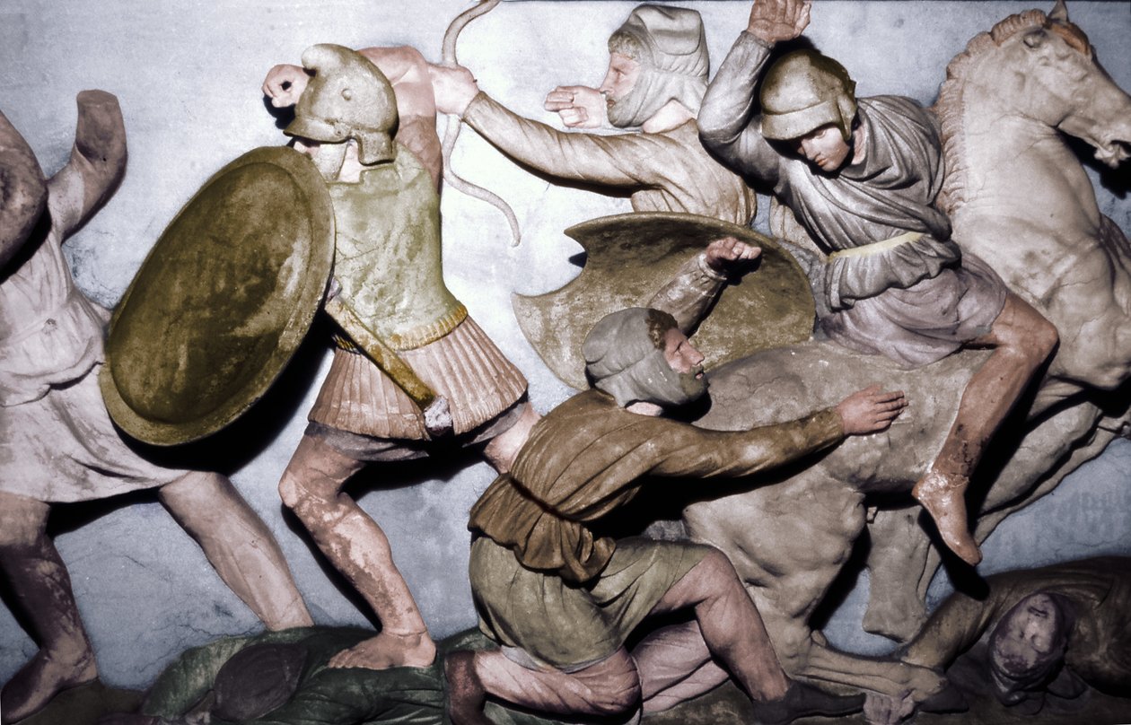 Griechen kämpfen gegen Perser, der Alexander-Sarkophag, Sidon, 4. Jahrhundert v. Chr., 20. Jahrhundert von Unbekannt