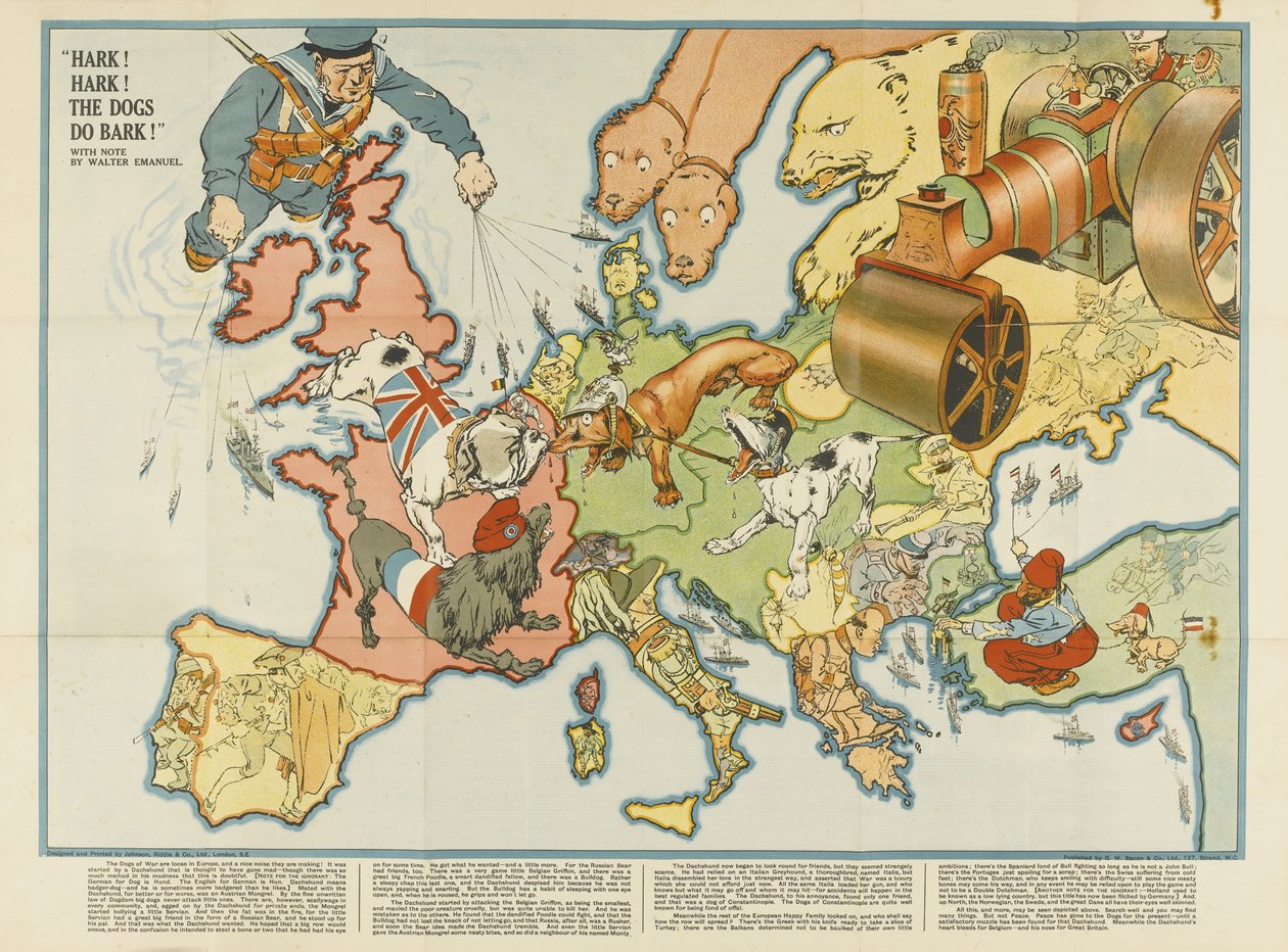 Hört! Hört! Die Hunde bellen! Europäische satirische Karte, 1914 von Unbekannt